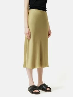 Satin Bias Midi Slip Skirt | Khaki