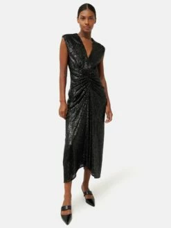Sequin Ruched Midi Dress | Black