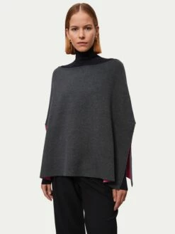 Reversible Cotton Blend Poncho | Dark Grey