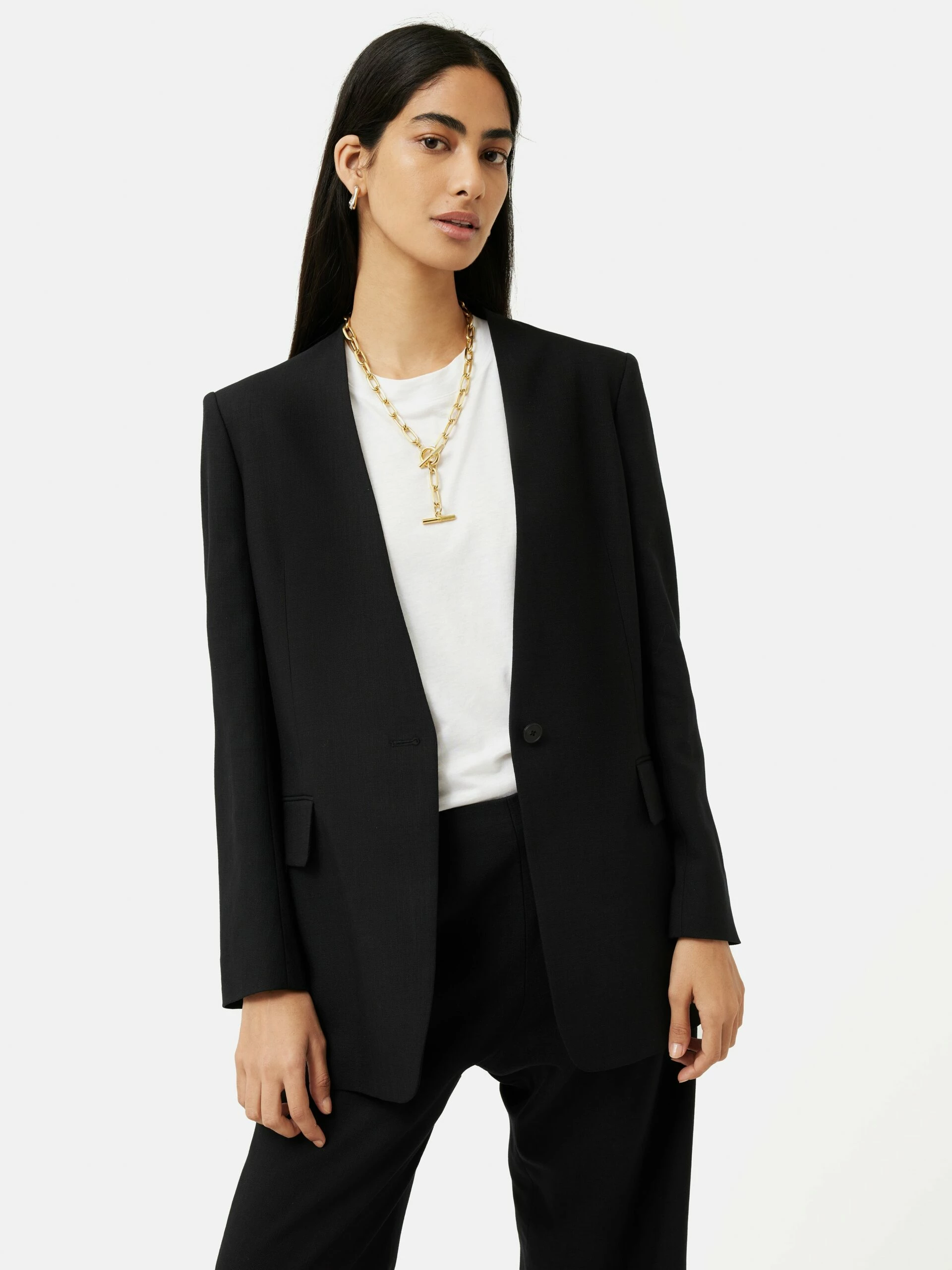 Hopsack Collarless Blazer | Black 1 Hopsack Collarless Blazer | Black