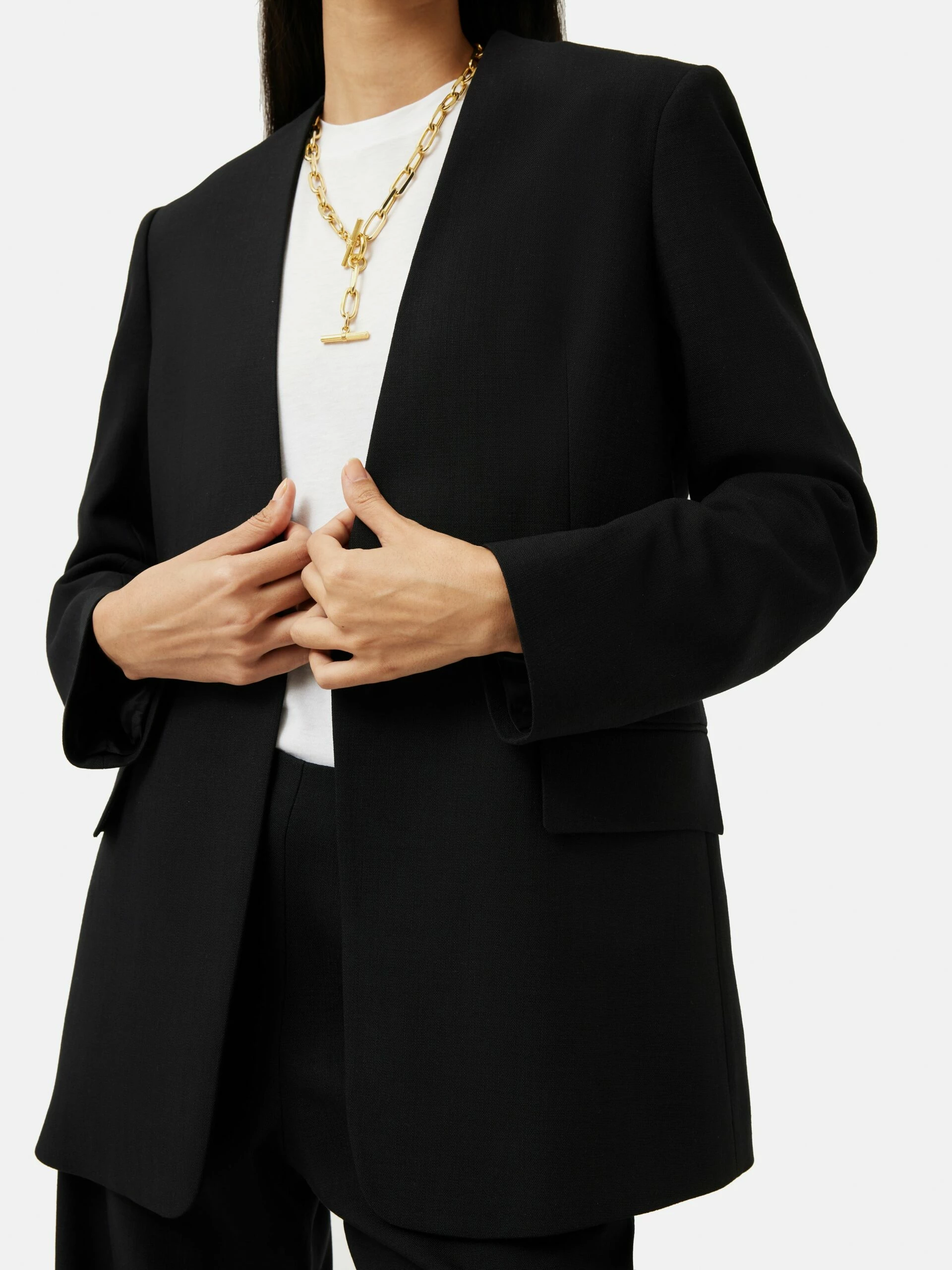 Hopsack Collarless Blazer | Black 2 Hopsack Collarless Blazer | Black - Image 2