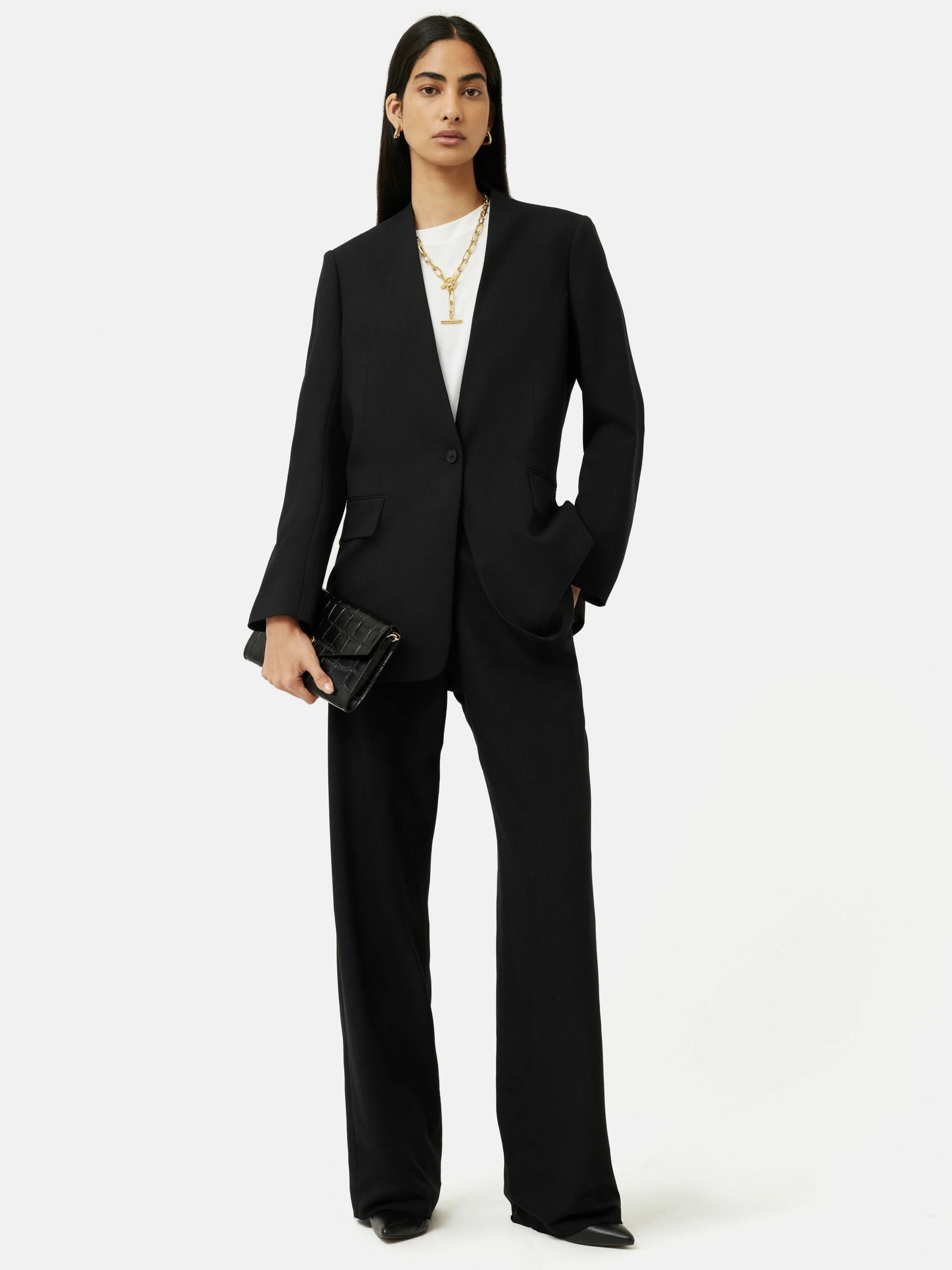 Hopsack Collarless Blazer | Black 3 Hopsack Collarless Blazer | Black - Image 3