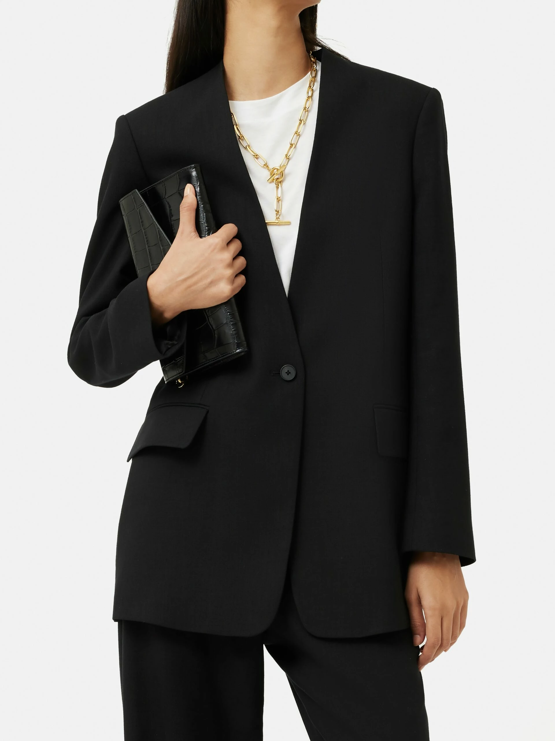 Hopsack Collarless Blazer | Black 4 Hopsack Collarless Blazer | Black - Image 4