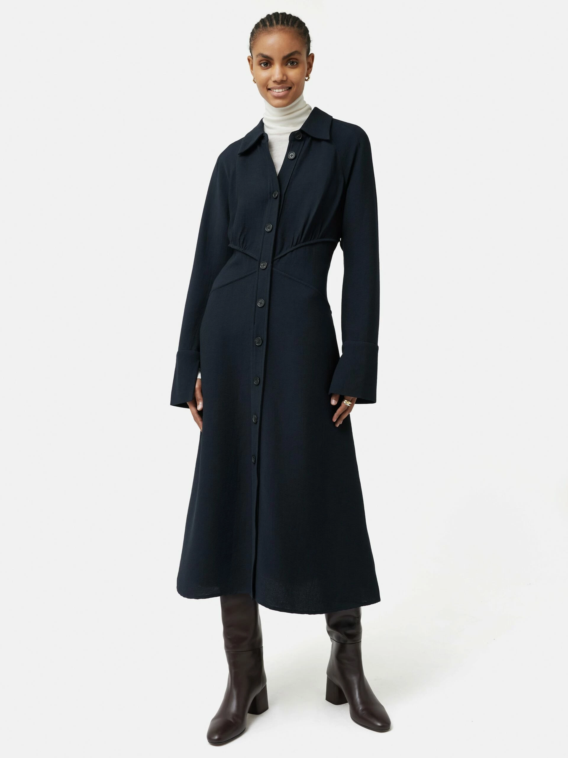 Textured Midi Shirt Dress | Navy 2 Textured Midi Shirt Dress | Navy - Image 2