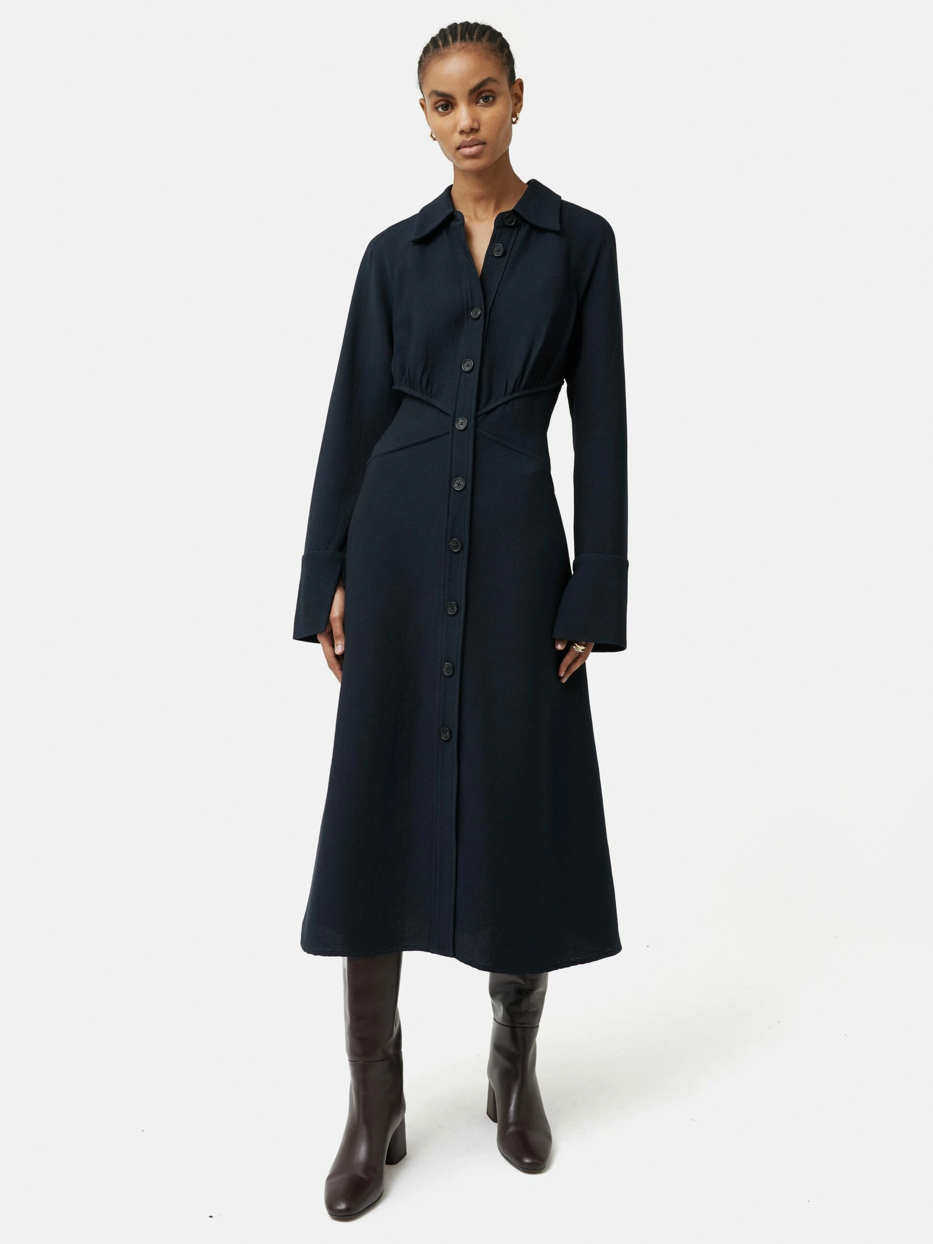 Textured Midi Shirt Dress | Navy 1 Textured Midi Shirt Dress | Navy