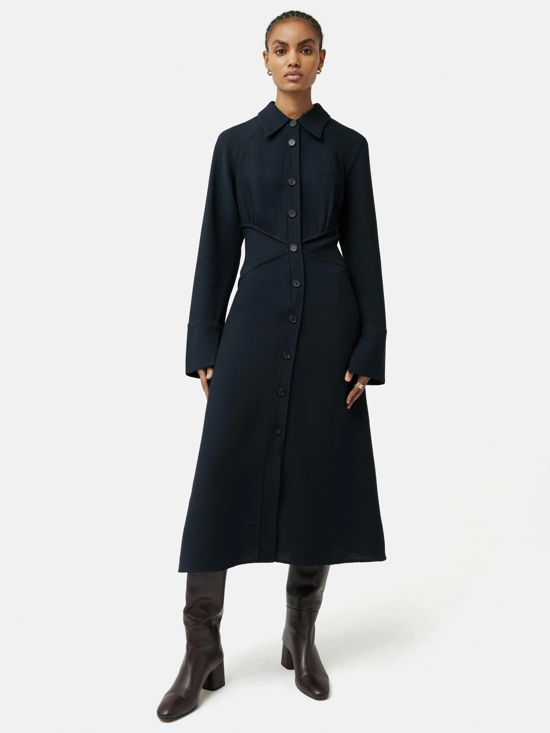 Textured Midi Shirt Dress | Navy 3 Textured Midi Shirt Dress | Navy - Image 3