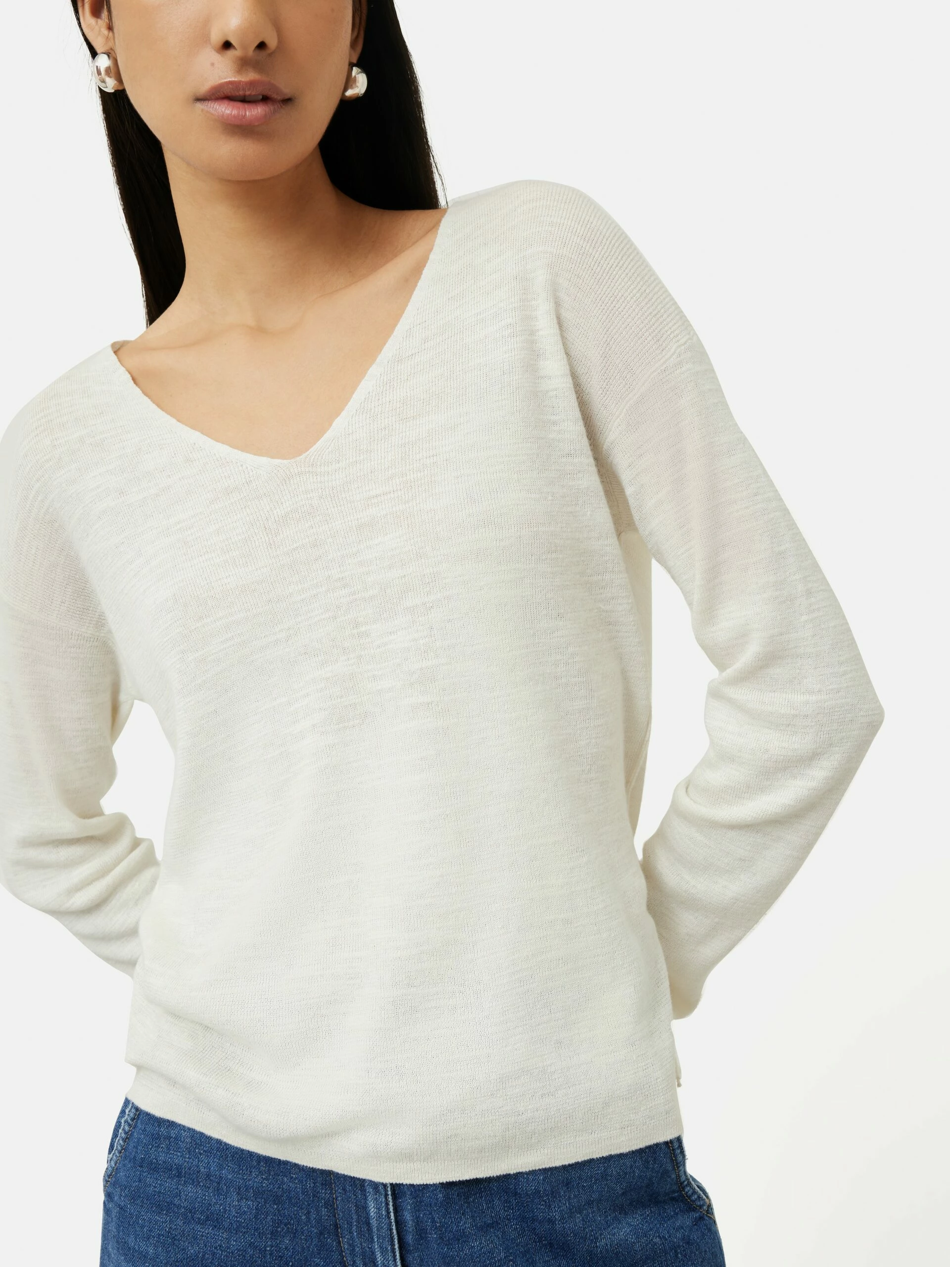 Linen Cotton V Neck Jumper | Ivory 2 Linen Cotton V Neck Jumper | Ivory - Image 2