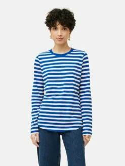 Cotton Slub Stripe Long Sleeve Tee | Blue