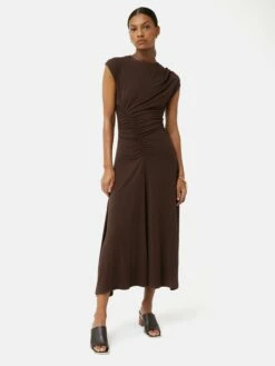Drape Pleat Jersey Dress | Brown -Jigsaw Shop J47005 BR000 3