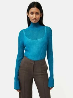 Fluted Cuff Plisse Knit Top | Blue