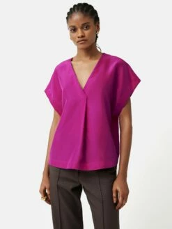 Silk Habotai V Neck Top | Pink