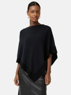 Wool Blend Border Poncho | Navy