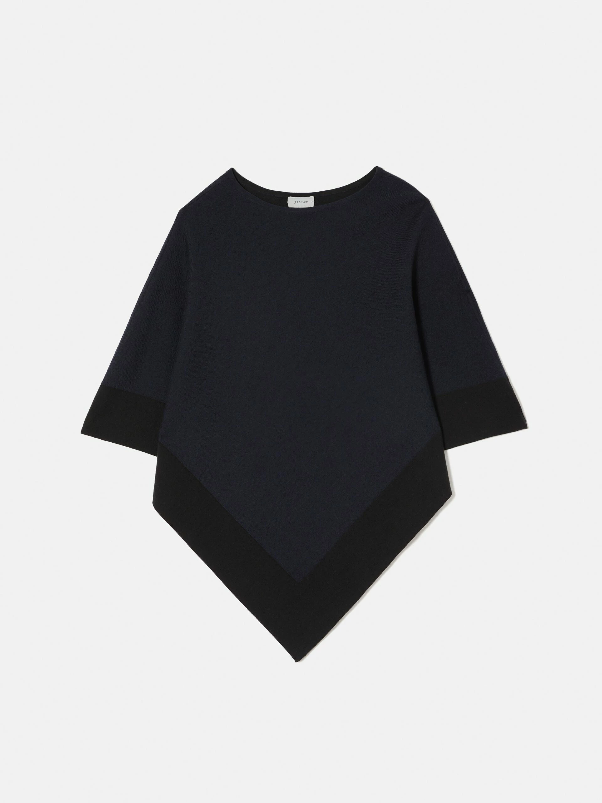 Wool Blend Border Poncho | Navy 6 Wool Blend Border Poncho | Navy - Image 6