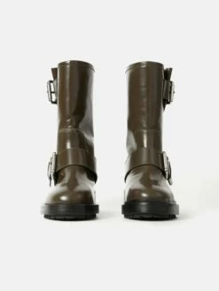 Box Leather Biker Boot | Khaki -Jigsaw Shop J47881 GN020 STILL 6