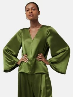 Satin Drape Fluted Sleeve Top | Green
