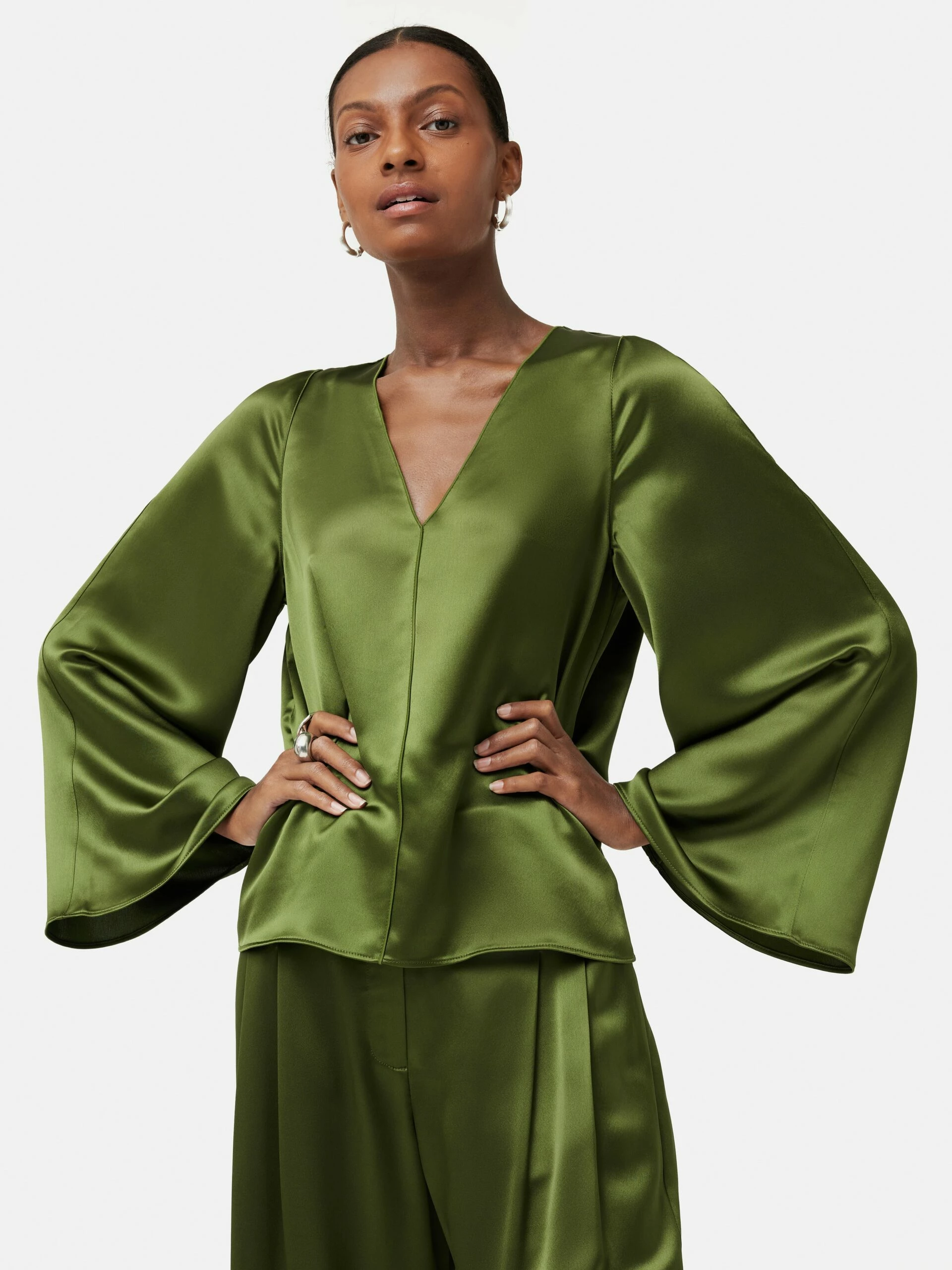 Satin Drape Fluted Sleeve Top | Green 1 Satin Drape Fluted Sleeve Top | Green
