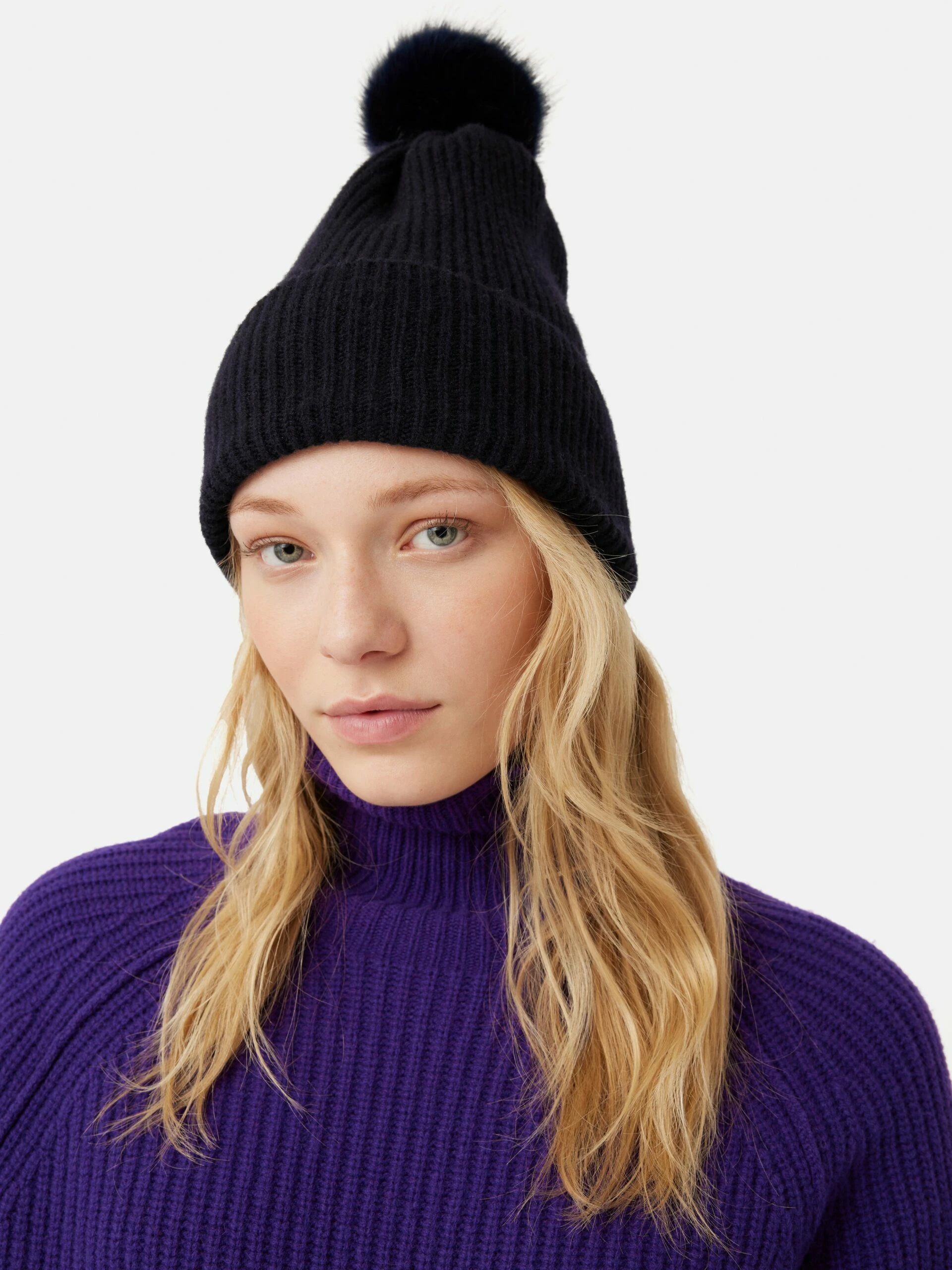 Faux Fur Pom Hat | Navy 3 Faux Fur Pom Hat | Navy - Image 3