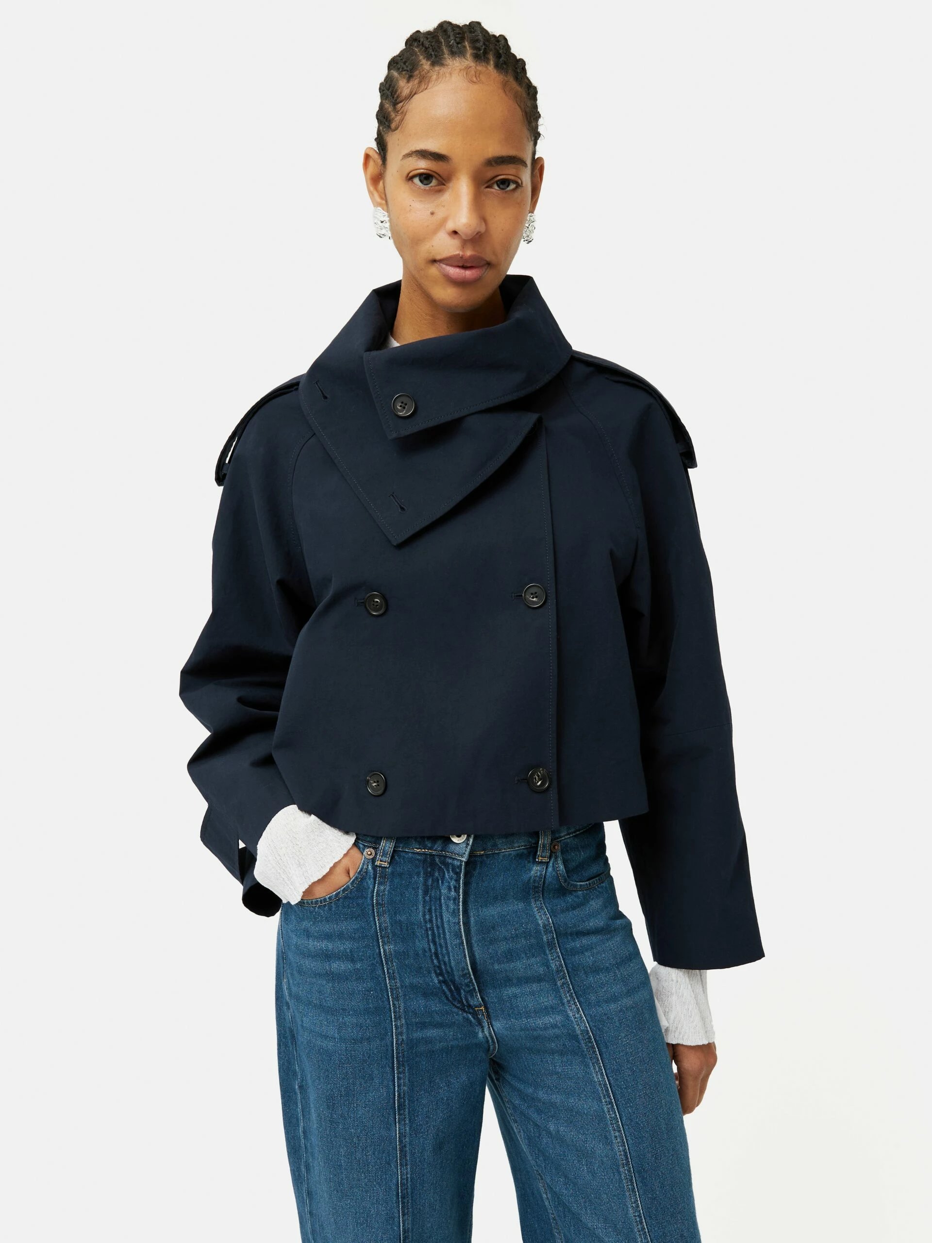 Cropped Cotton Trench Jacket | Navy 4 Cropped Cotton Trench Jacket | Navy - Image 4